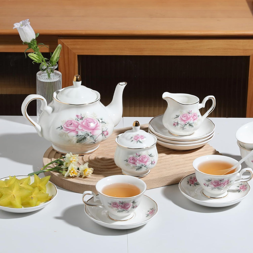 Sweejar Porcelain Tea Sets, Vintage British Floral Relief Gold Rimmed Teapot Cup and Saucer Set, Tea Set Service for 6, with Teapot, Sugar Bowl, Milk Jug, Spoons, Tea Cup and Saucer (Pink Flower)