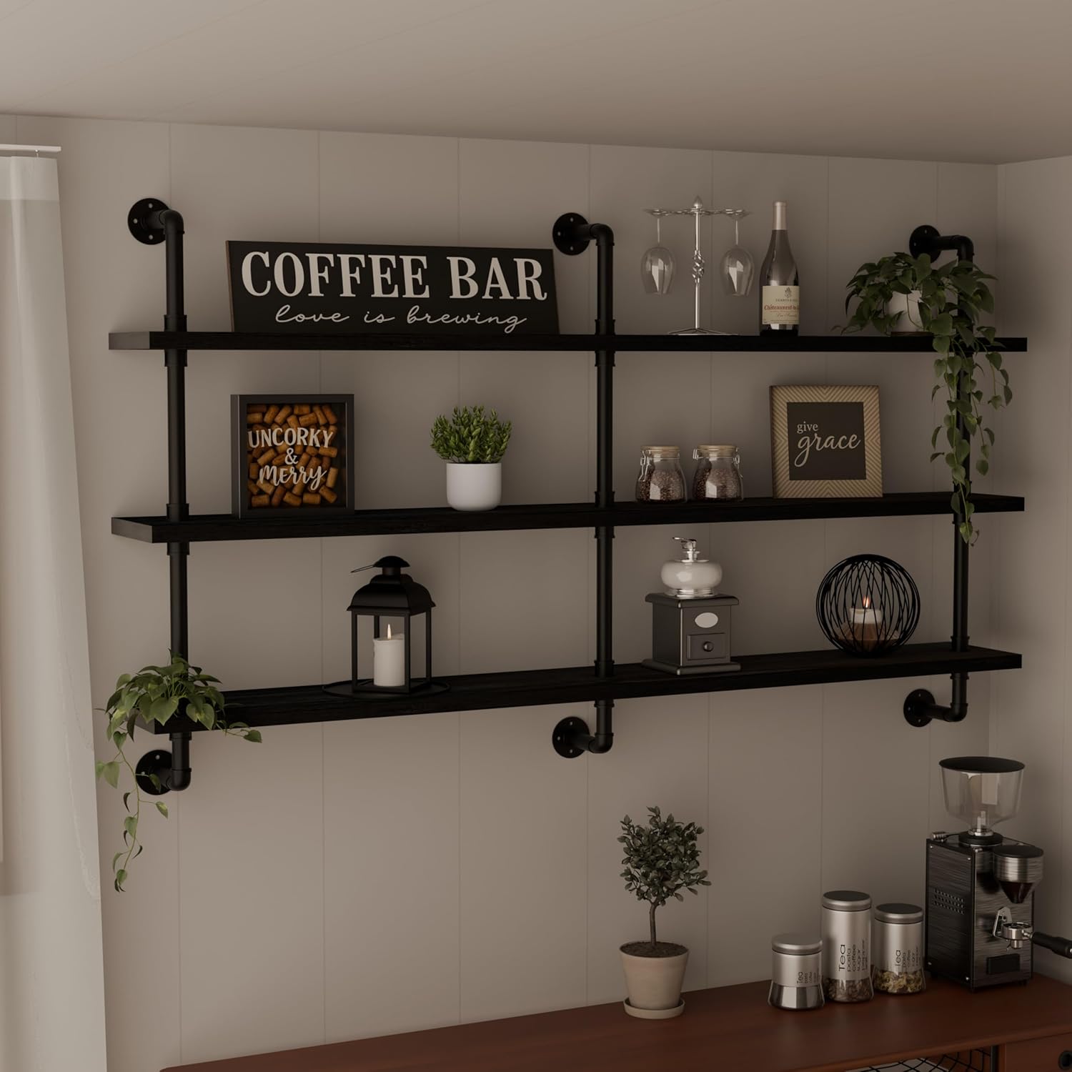 Industrial Pipe Shelving Rustic Black Pipe Wall Shelves Industrial Shelves with Wood Planks Floating Shelves 60 Inch Farmhouse Bathroom,Kitchen Shelving Wall Mounted
