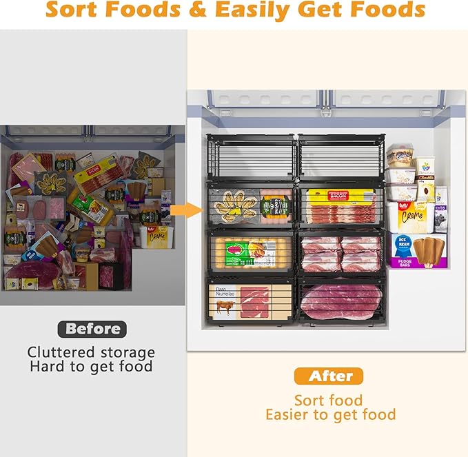 NADAMOO Freezer Organizer Bins, 4 Packs Large Expandable Stackable Chest Freezer Containers with Handle, Metal Adjustable Storage Baskets for Fridge, Deep Freezer, Cabinet, Kitchen, Pantry - Black