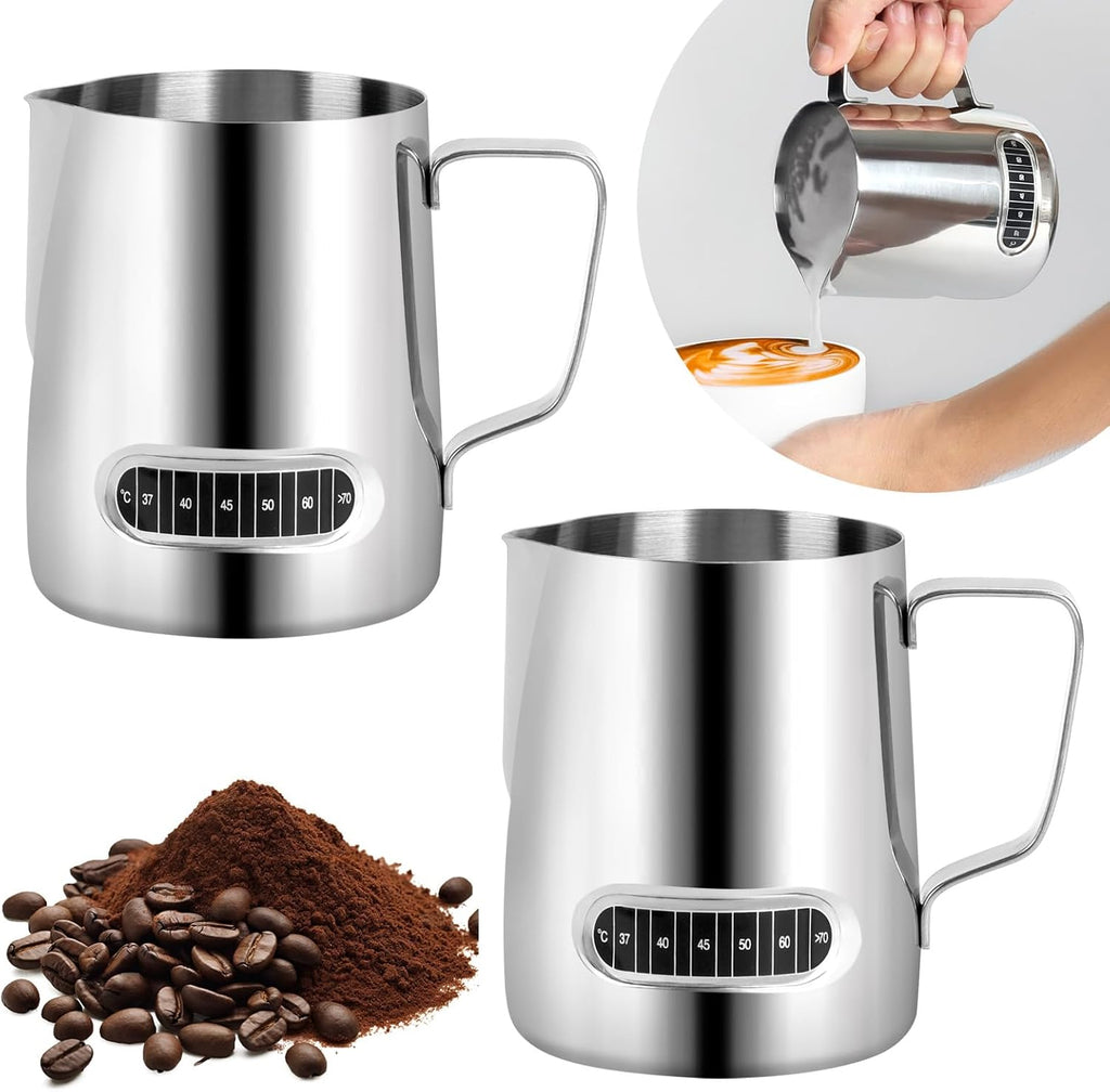 Milk Frothing Pitcher 20 oz, 2Pcs Milk Frother Cup with Thermometer Stainless Steel Milk Steamer Frother Temp Control Milk Jug Latte Milk Frother Thermometer Coffee Shop Accessories