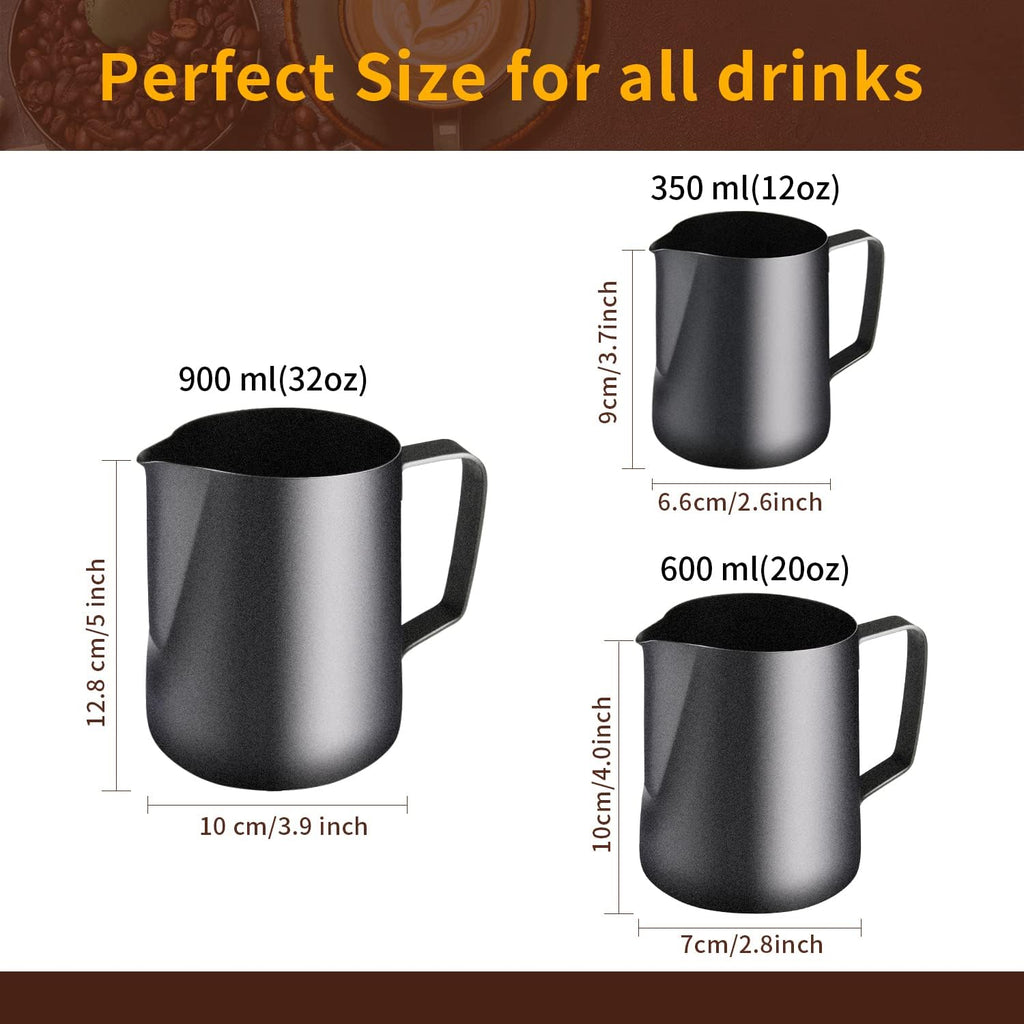 Milk Frothing Pitcher, Stainless Steel Espresso Steaming Pitcher 320Z/900ML Coffee Milk Frother Cup with Decorating Art Pen for Espresso Machine, Milk Frother, Latte Art Black