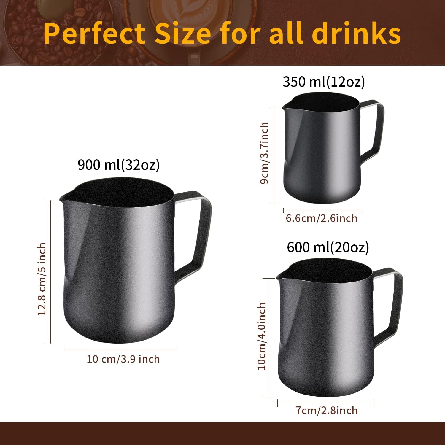 Milk Frothing Pitcher, Stainless Steel Espresso Steaming Pitcher 320Z/900ML Coffee Milk Frother Cup with Decorating Art Pen for Espresso Machine, Milk Frother, Latte Art Black