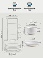 Gomakren 6 Ounce Cappuccino Cups with Saucers and Metal Stand, Stackable Coffee Cup Set of 4, Porcelain Espresso Cups for Coffee Drinks, Cappuccino, Latte, Americano, Tea, White