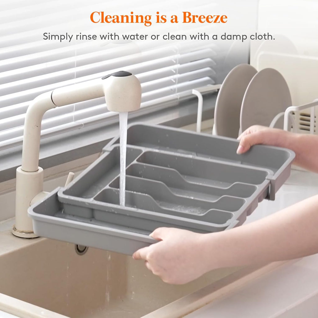 Lifewit Silverware Drawer Organizer, Expandable BPA Free Utensil Tray for Kitchen, Adjustable Flatware and Cutlery Holder for Spoons Forks Knives, Plastic Kitchen Organizers and Storage, Gray