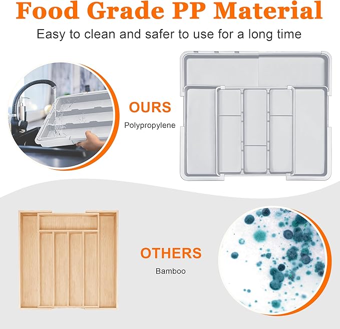 Large Utensil Drawer Organizer Expandable Silverware Organizer for Kitchen Drawer Adjustable Cooking Utensil Holder Cutlery Flatware Tray Spatula Tools Gadgets Storage Dividers Plastic Grey