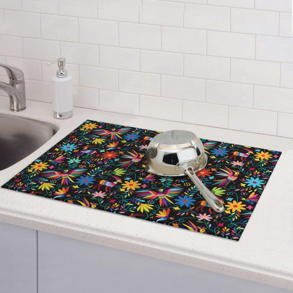 Mexican Colorful Bird and Floral Abstract Dish Drying Mats for Kitchen Counter, 18x24 inch Absorbent Decorative Microfiber Drying Pad, Anti-Slip & Absorption for Sink Small Appliances, Home Decor
