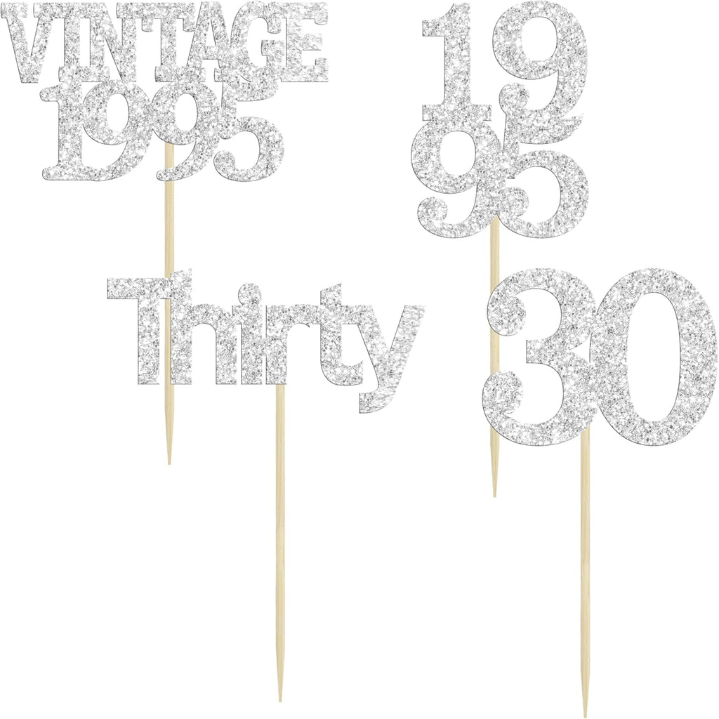 Gyufise 24Pcs Happy 30th Birthday Cupcake Toppers Glitter Thirty 30 Fabulous Vintage 1995 Cupcake Picks for 30th Birthday Wedding Anniversary Party Cake Decorations Supplies Silver