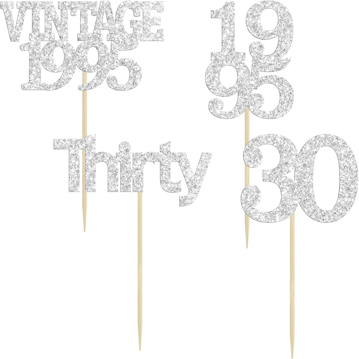 Gyufise 24Pcs Happy 30th Birthday Cupcake Toppers Glitter Thirty 30 Fabulous Vintage 1995 Cupcake Picks for 30th Birthday Wedding Anniversary Party Cake Decorations Supplies Silver