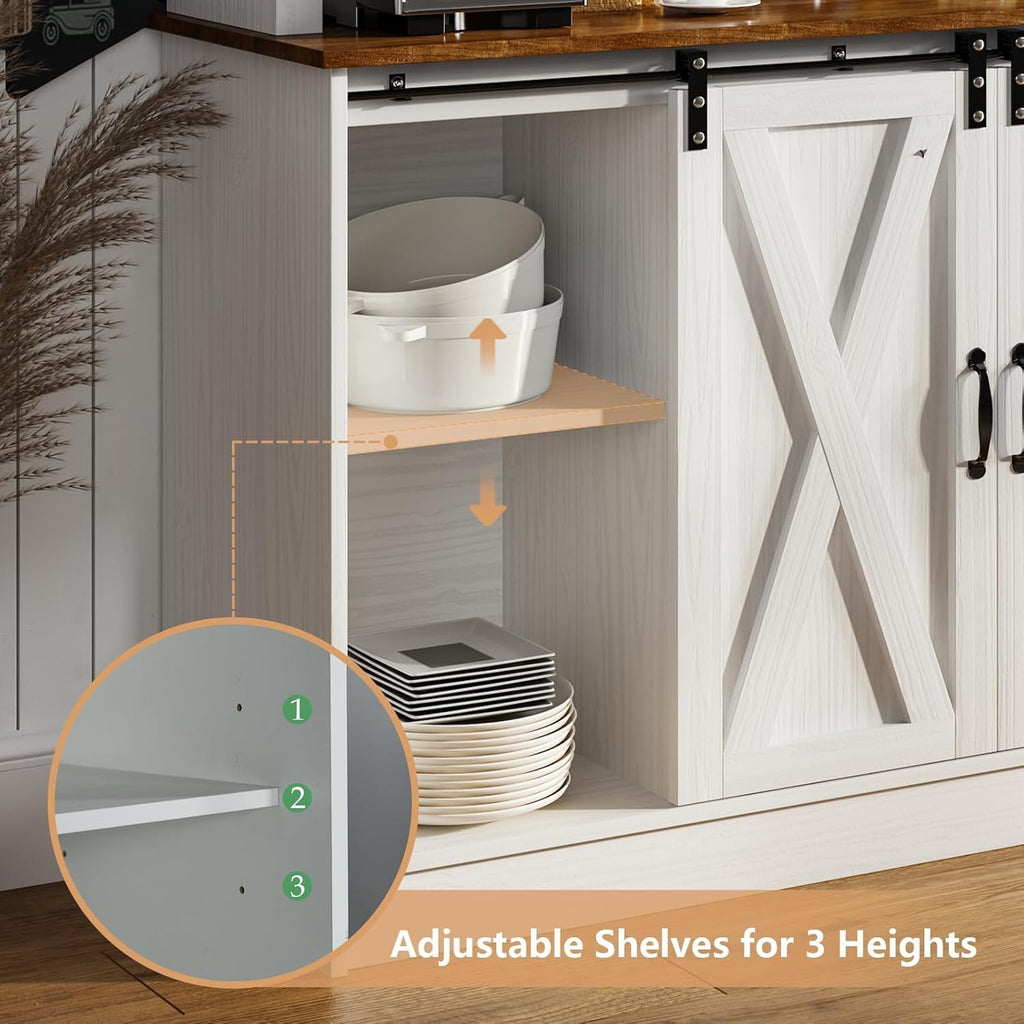 4ever2buy Farmhouse Coffee Bar Cabinet with 2 Glass Doors, 72'' White Bar Cabinet with Sliding Barn Door, Tall Wine Bar with 9 Racks, Coffee Bar Hutch with Storage for Living Room