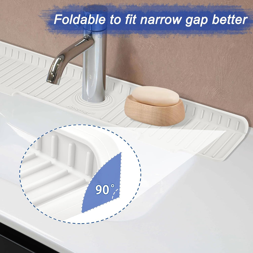 Kitchen Sink Splash Guard, 20IN Longer Silicone Faucet Guard & Draining Mat, Bathroom and Kitchen Sink Organizer, Sink Faucet Mat Water Splash Guard Behind Faucet Accessories Gadget, 20” x 5.5”, White