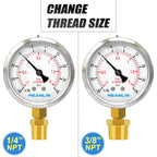 MEANLIN MEASURE -30inHG~30Psi Stainless Steel 1/8" NPT 2.5" FACE DIAL Vacuum Pressure Gauge, Lower Mount, with 1/4" NPT and 3/8" NPT Hex Bushing