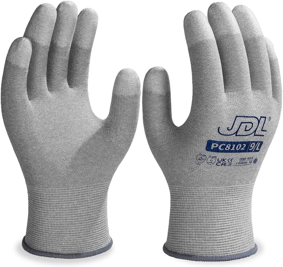 JDL ESD Work Gloves, Anti-Static Gloves for PC Building, 12 pairs, Computer Installation & Repair, High Resistance Carbon Fiber Gloves, Large