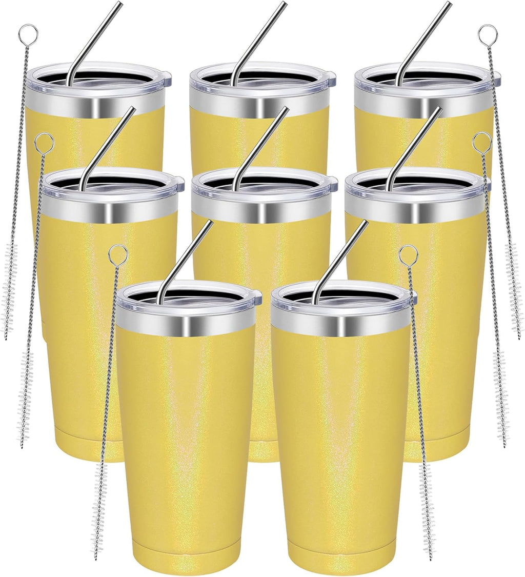 MEWAY 20oz Tumbler 8 Pack Double Wall Vacuum Insulated Travel Glitter Mug Bulk, Stainless Steel Tumblers with Lid and Straw,Powder Coated Coffee Cups for Woman(Rainbow Yellow,Set of 8)