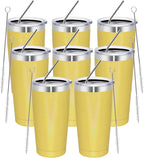 MEWAY 20oz Tumbler 8 Pack Double Wall Vacuum Insulated Travel Glitter Mug Bulk, Stainless Steel Tumblers with Lid and Straw,Powder Coated Coffee Cups for Woman(Rainbow Yellow,Set of 8)