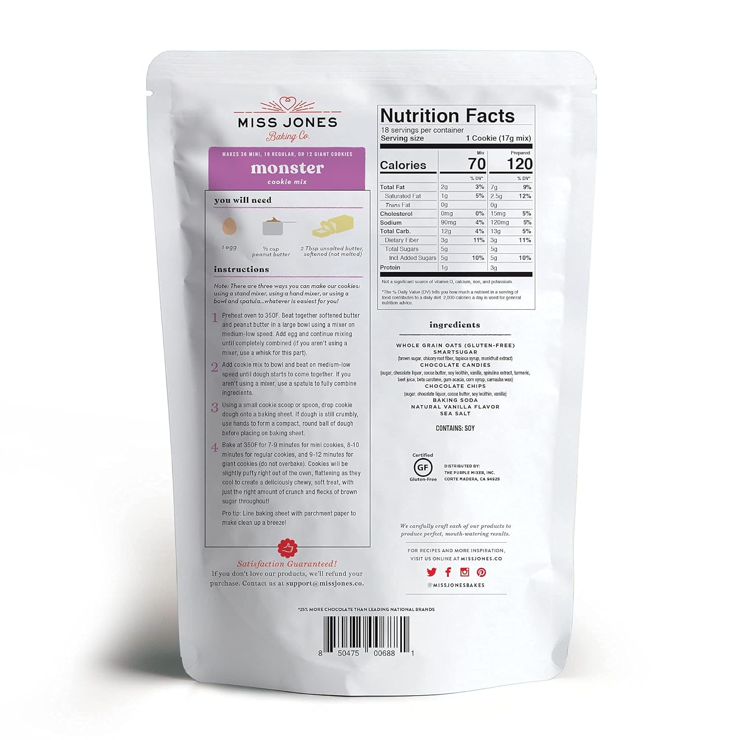 Miss Jones Baking Gluten-Free Monster Cookie Mix - Certified Gluten Free & Made with 100% Oats, Easy To Bake Desserts & Treats, Artificial Colors, 10.57 Ounce (Pack of 1)