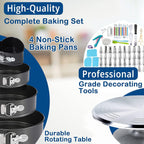 204 PCS Cake Decorating Kit, Aluminum Rotating Turntable Stand, Baking Supplies Kit Set with 4 Springform Pan Sets, 55 Icing Piping Nozzles, Cake Topper, Icing Spatula, Scraper, Pro Baking Tools