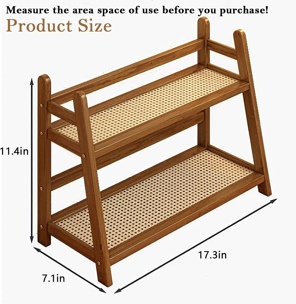 Wicker-Look Coffee Station Organizer, Bamboo Mug Holder Countertop, Kitchen Counter Shelf for Tea Coffee Bar Accessories, Matcha Stand, Cup Display, Condiment Storage Rack, 2 Tier, Brown