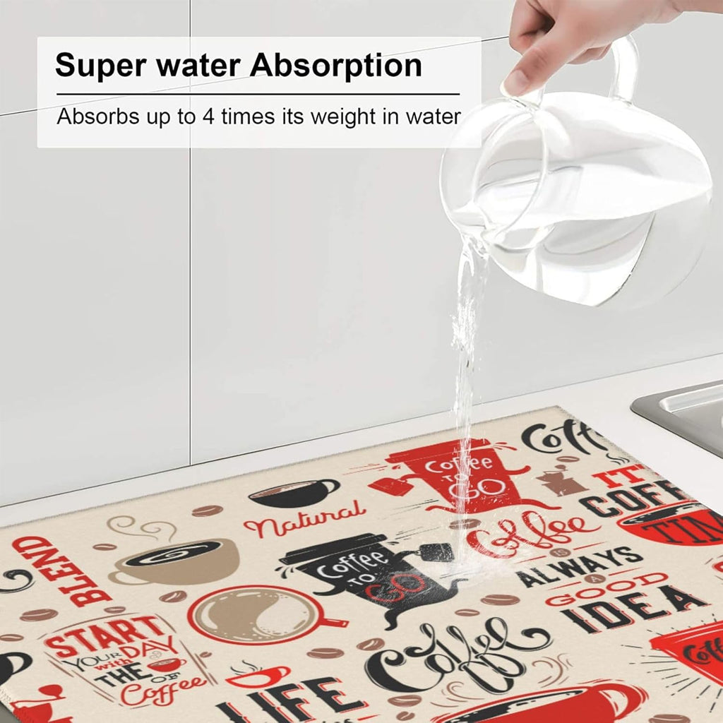 Coffee Themed Dish Drying Mat, Highly Absorbent Microfiber Kitchen Counter Pad Reusable Washable, 16*18"