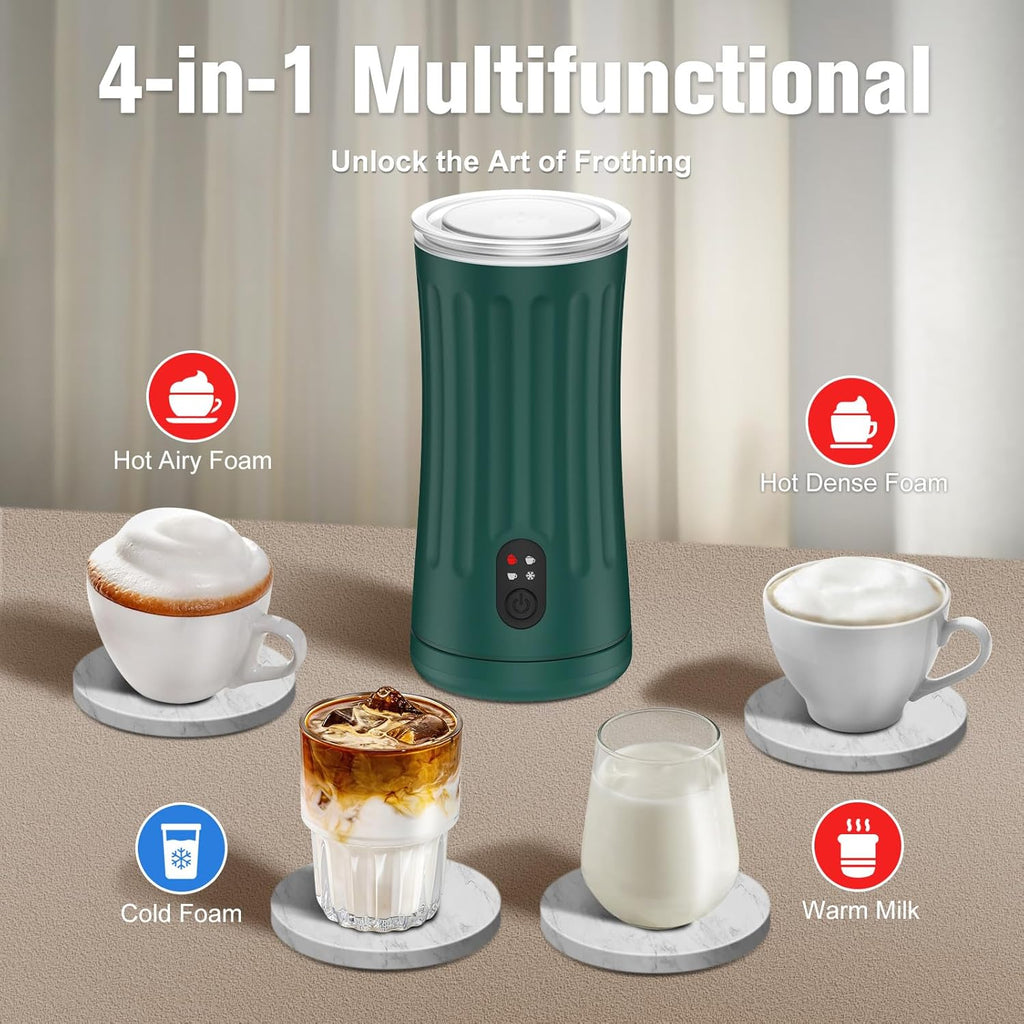 Electric Milk Frother, 4-in-1 Milk Steamer and Frother, 8.1oz/240ml Automatic Warm and Cold Foam Maker, Auto Shut-Off Frother for Coffee, Latte, Cappuccino, Macchiato(Green)