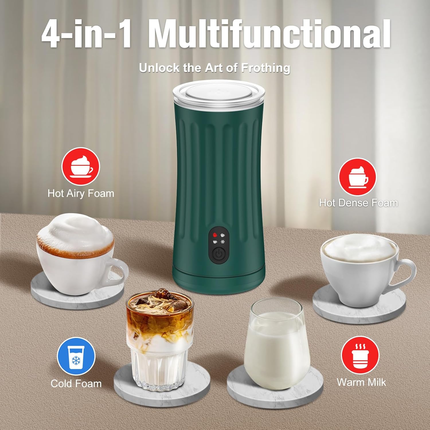 Electric Milk Frother, 4-in-1 Milk Steamer and Frother, 8.1oz/240ml Automatic Warm and Cold Foam Maker, Auto Shut-Off Frother for Coffee, Latte, Cappuccino, Macchiato(Green)