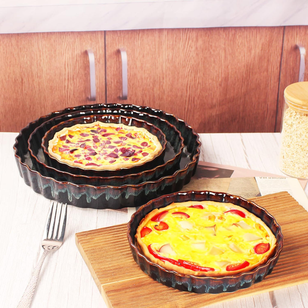 Ceramic Pie Pan Quiche Baking Dish, 11 Inch Round Ruffled Edge Au Gratin Baking Dishes, 1.4 Quart Non-Stick Pie Dish, Tart Pan, Pie Plate for Apple, Oven, Dishwasher and Microwave Safe
