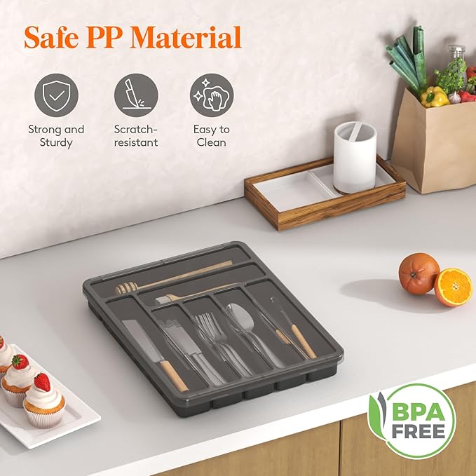 Lifewit Silverware Organizer with Lid, Covered Utensil Tray for Kitchen Drawer and Countertop, Plastic Cutlery and Flatware Storage Box for Spoons Forks Knives Holder Case, 7 Compartments, Black