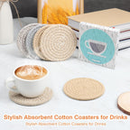 4.8" Drink Cotton Coasters Set of 2 – Boho Woven Drink Pads for Coffee & Tea, Neutral Sandstone Blend Fabric Cup Mats for Desk, Table, Nightstand, Dorm, Giftable Absorbent Coaster Set