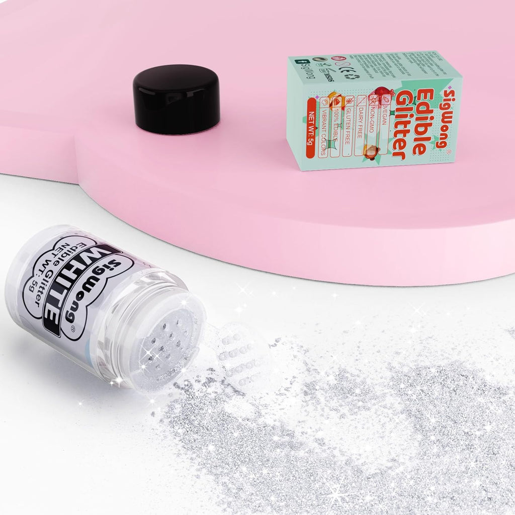 White Edible Glitter - 5g Food Grade Cake Decorating Shimmering Glitter, Edible Sprinkle Luster Dust for Drinks, Chocolates, Fondant, Strawberries, Cupcakes, Candy, Cookie - Vegan