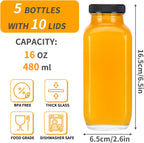 CUCUMI 5pcs 16oz Glass Juice Bottles with Lids, Reusable Juice Containers Drinking Jars Water Cups with Brush, Glass Straws, Lids with Hole