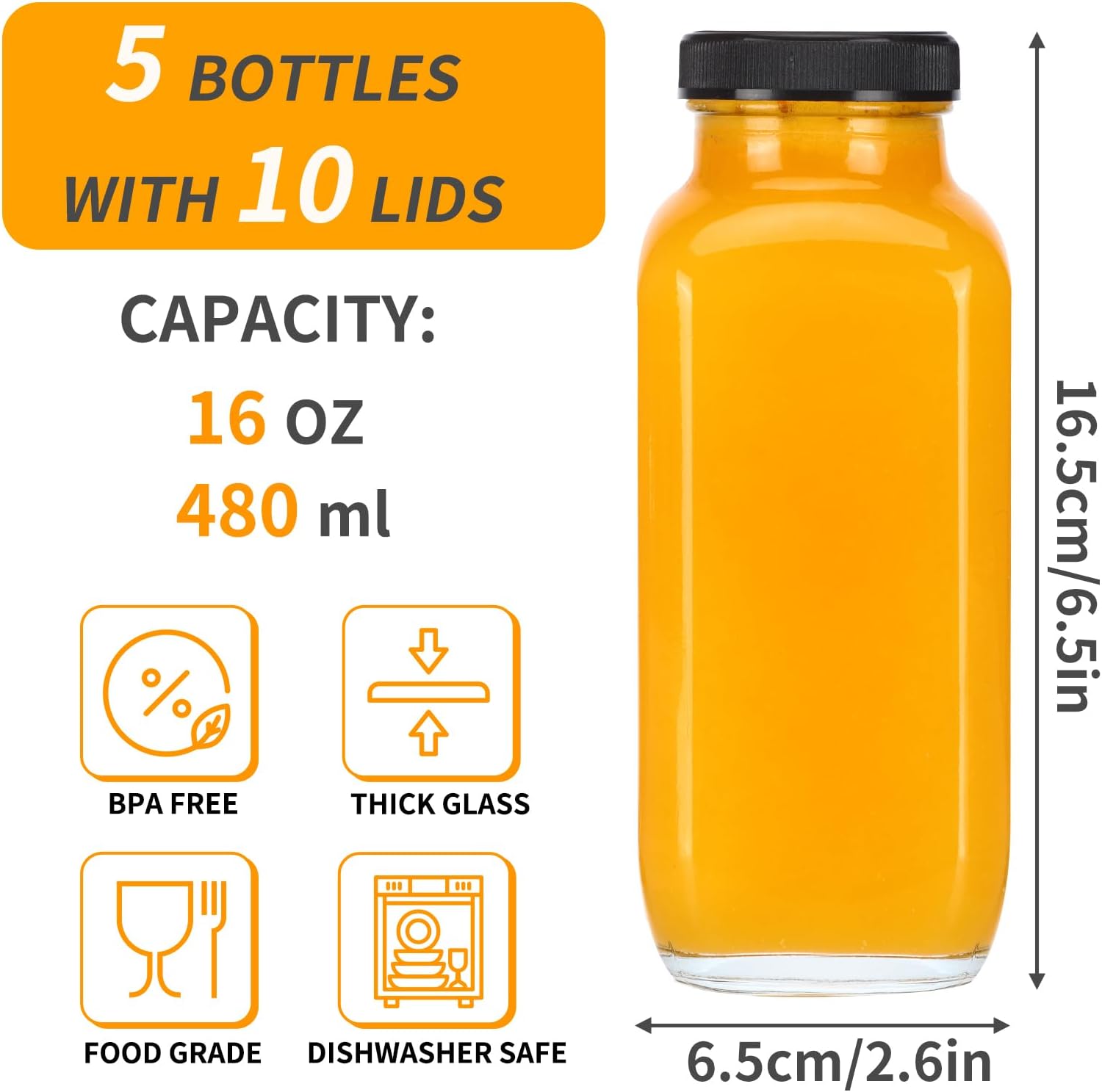 CUCUMI 5pcs 16oz Glass Juice Bottles with Lids, Reusable Juice Containers Drinking Jars Water Cups with Brush, Glass Straws, Lids with Hole