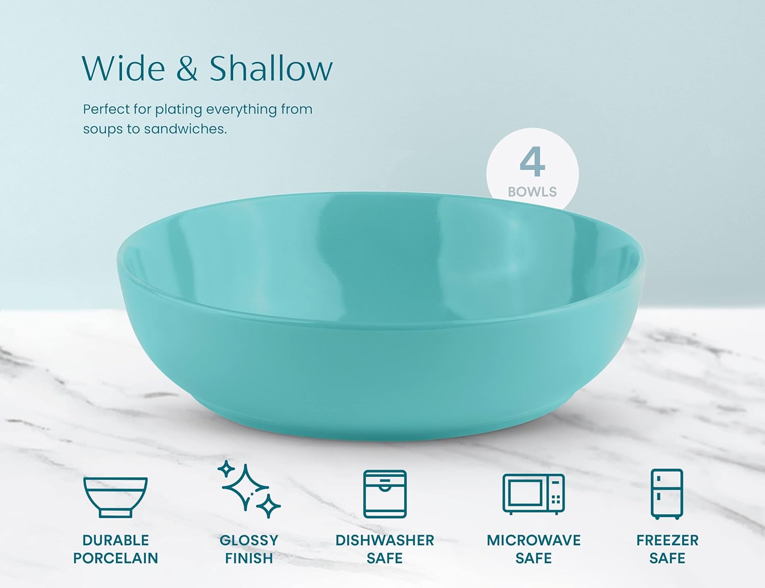 KooK Pasta Bowl, Salad Bowls, Soup, Serving Bowls, Ceramic, Large Capacity, Microwave & Dishwasher Safe, Set of 4, 40 Oz,(Light Turquoise)