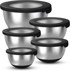 Stainless Steel Mixing Bowls with Lids – Set of 5 Large Nesting Metal Bowls for Kitchen, Baking, Cooking, Food Prep & Storage, Non-Slip Base, Dishwasher Safe,Black