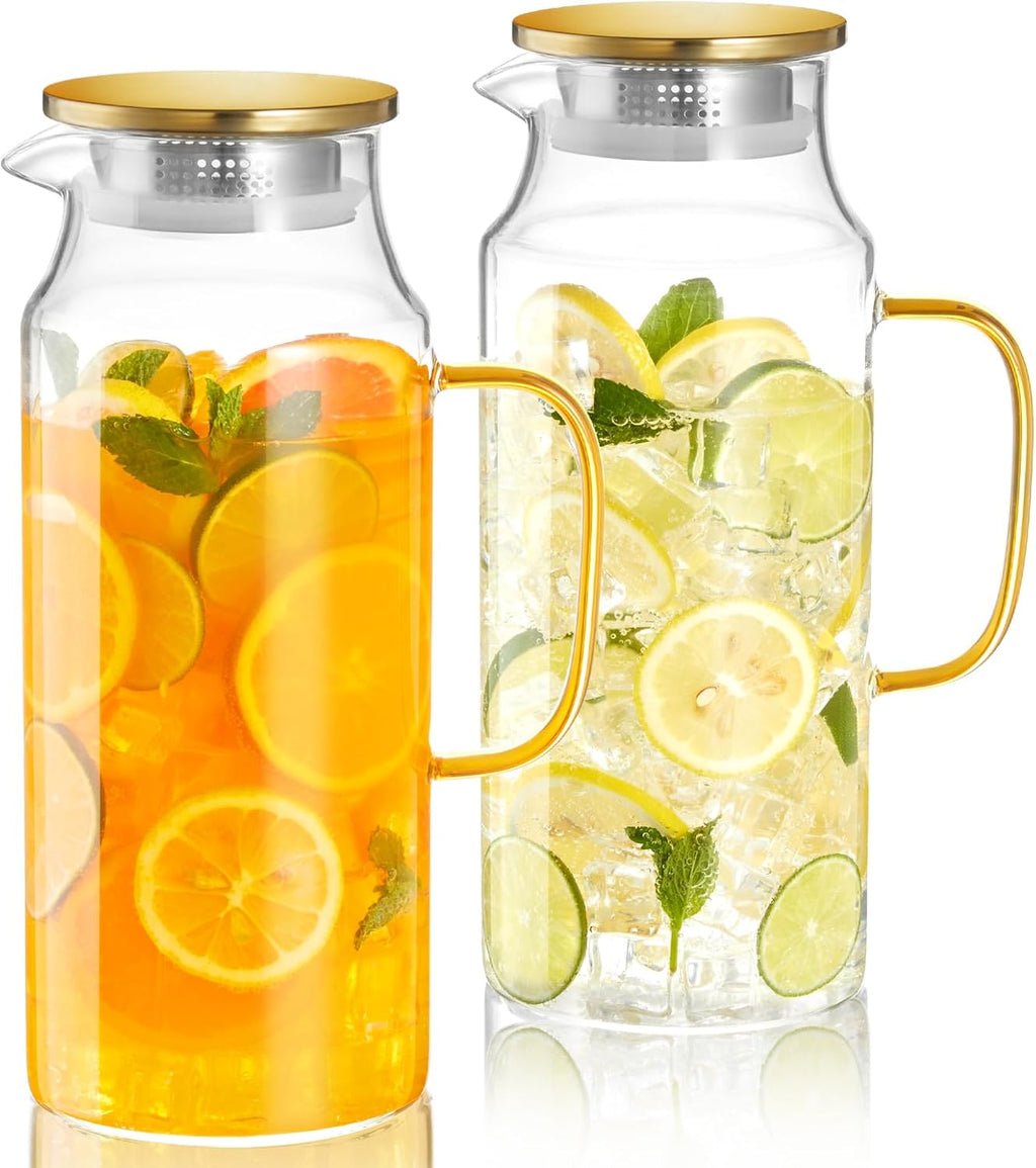 2 Pack 2 Liter 68 oz Glass Pitcher with Lid and Spout, Gold Glass Water Pitcher for Fridge, Glass Carafe for Hot/Cold Water, Large Jug for Iced Tea, Coffee, Juice and Homemade Beverage