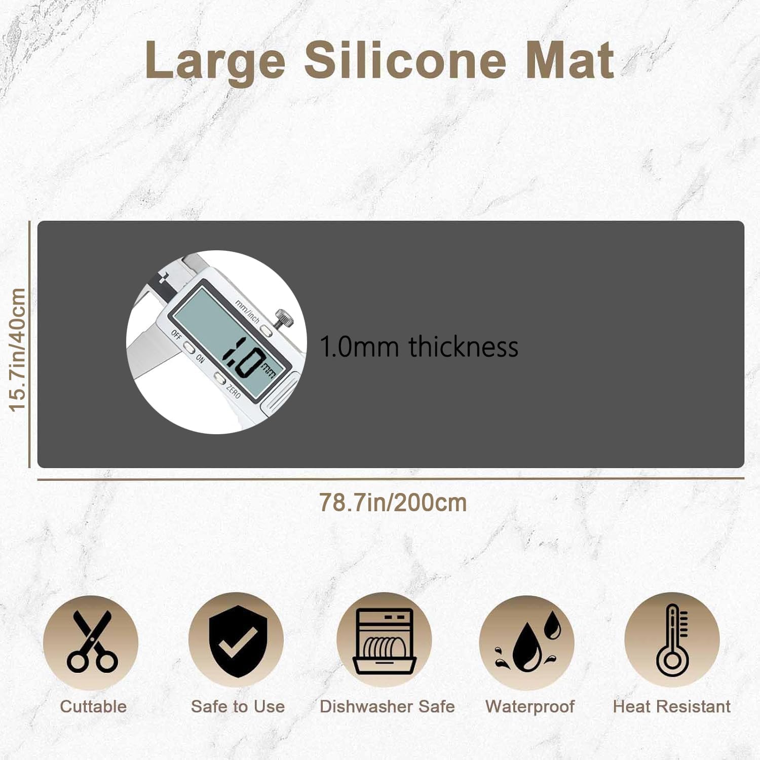 78.7"x15.7"(200cmx40cm) Large Silicone Mats for Countertop, Heat Resistant Mat, Waterproof Nonslip Silicone Kitchen Counter Mat, Nonstick Table Placemat, Multipurpose Mat, Light Gray