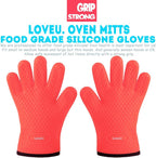 Kitchen Oven Gloves - Dual-Layer Heat Resistant Grilling Gloves, Silicone Oven Mitts with 5 Fingers, Waterproof Non-Slip Pot Holder for Barbecue, Cooking, Baking (Red)