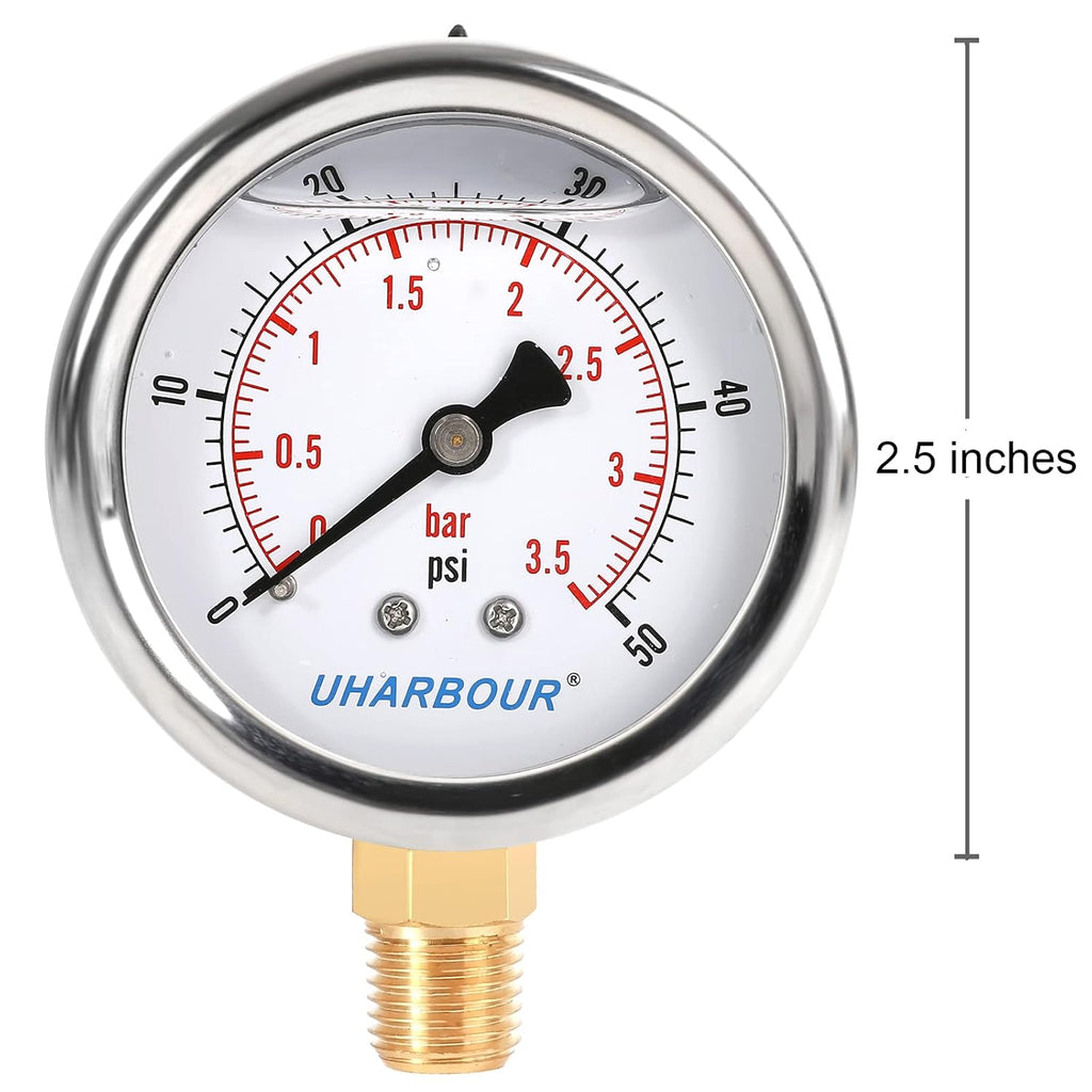 Glycerin Filled Low Pressure Gauge 50psi/3.5bar, Stainless Steel case, Brass Inside Construction, 2-1/2" dial, 1/4" NPT Rear Connection.