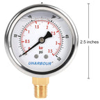 Glycerin Filled Low Pressure Gauge 50psi/3.5bar, Stainless Steel case, Brass Inside Construction, 2-1/2" dial, 1/4" NPT Rear Connection.