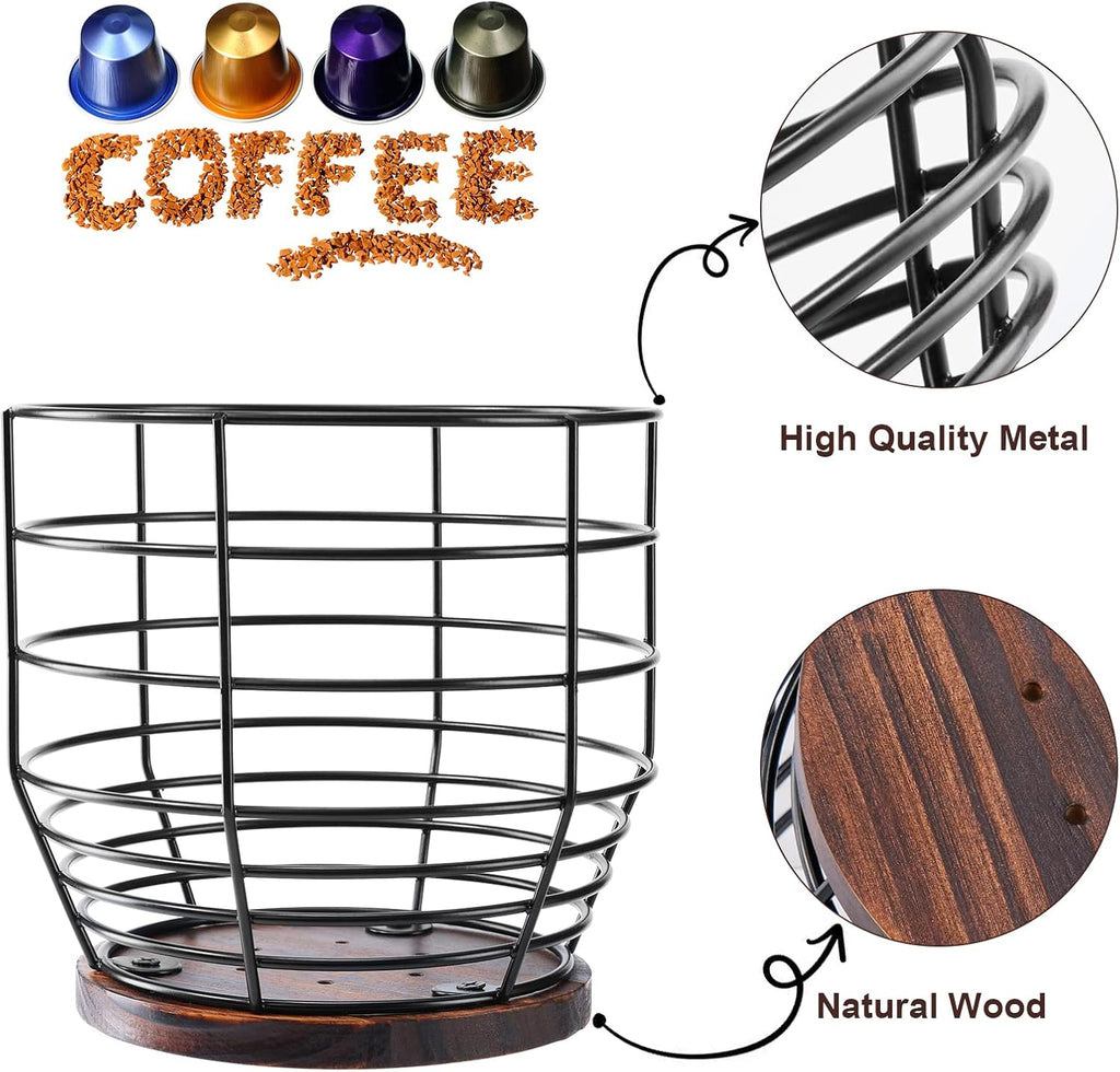 Yangbaga 2pcs Coffee Pod Holder - Large Capacity Black Wire K-Cup Holder With Wooden Base, Modern Basket Bar Decor for Station, Espresso Pods & Capsules, Fruit Snack Storage