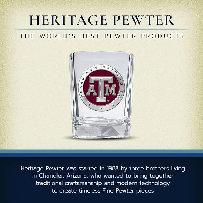 Heritage Pewter Texas A&M Square Shot Glass | Hand-Sculpted 1.5 Ounce Shot Glass | Intricately Crafted Metal Pewter Alma Mater Inlay