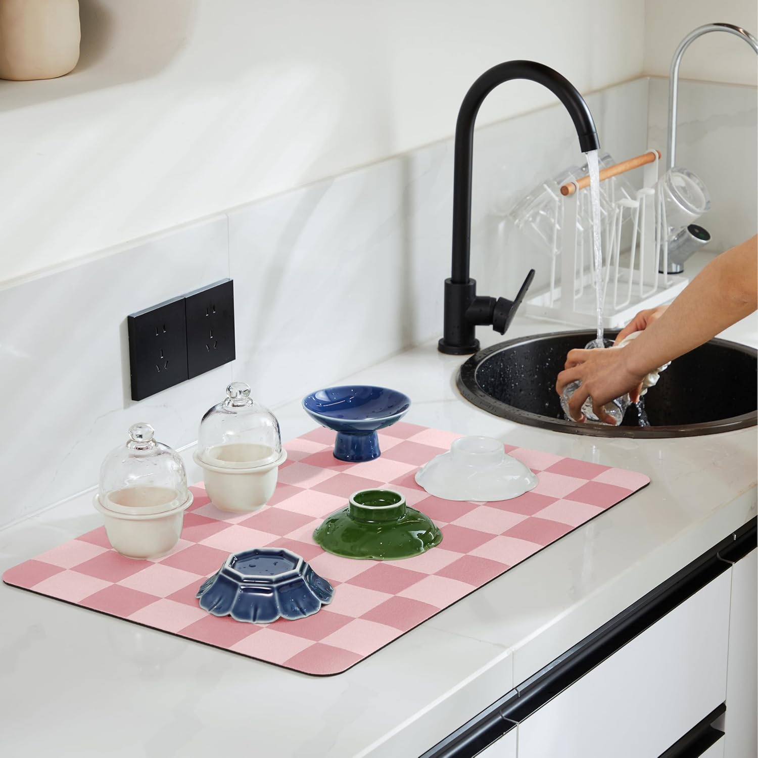 Checkered Dish Drying Mat for Kitchen Counter, Coffee Bar Station Accessories, Retro Cute Girly Pink Aesthetic Modern Absorbent Drainer Mat Kitchen Drying Mat Easy Clean, Coral 16" x 24"