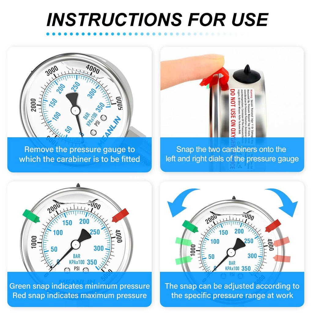 MEANLIN MEASURE 0~5000Psi Liquid Filled Pressure Gauge Stainless Steel 2.5" FACE DIAL 1/4" NPT 316 Stainless Steel Joint for WOG Water Oil Air Lower Mount, with 2PCS Snaps