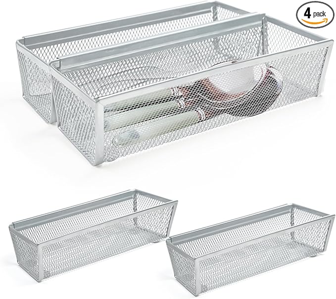 4PCS Drawer Organizer for Kitchen,Utensil Mesh Drawer Organizer with Interlocking Arm for Cosmetic,Flatware,Pen (9 * 3 * 2 Inches,Grey)