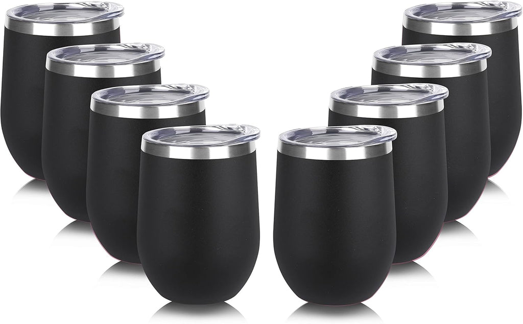 DOMICARE Stainless Steel Wine Tumbler Bulk with Lid, Personalized Insulated Tumblers Set, 12oz Travel Coffee Cups Pack of 8, Black