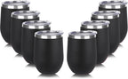 DOMICARE Stainless Steel Wine Tumbler Bulk with Lid, Personalized Insulated Tumblers Set, 12oz Travel Coffee Cups Pack of 8, Black