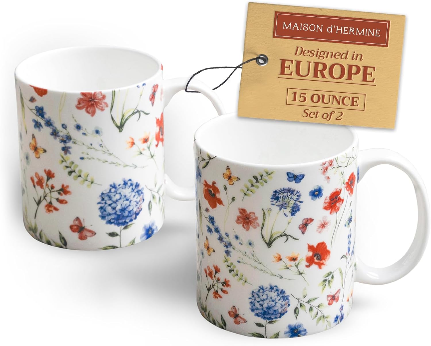 Maison d' Hermine Coffee Mug with Handles Fine Bone China Mugs Pack of Two Tea Cups for Hot Beverages Cappuccino Latte Home Restaurant Office Perfect for Gift (Just Floral, 15 Ounce)