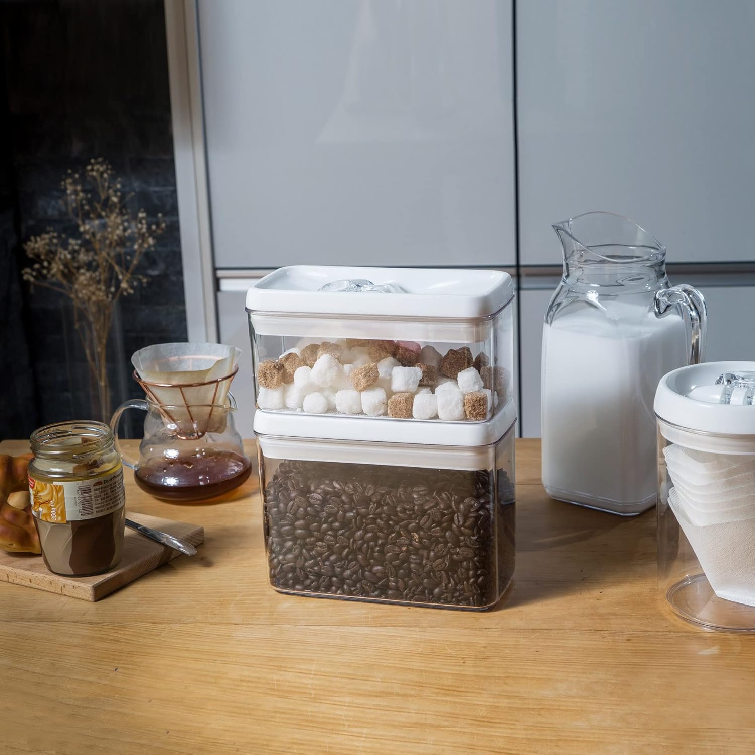 Felli Flip Tite Storage Container with Lid 4” RECTANGULAR Airtight Ring Flip Top, Stackable Kitchen Counter Pantry Organizer Acrylic Canister Jar for Pasta Spaghetti Cereal Granola Coffee (1.9qt)