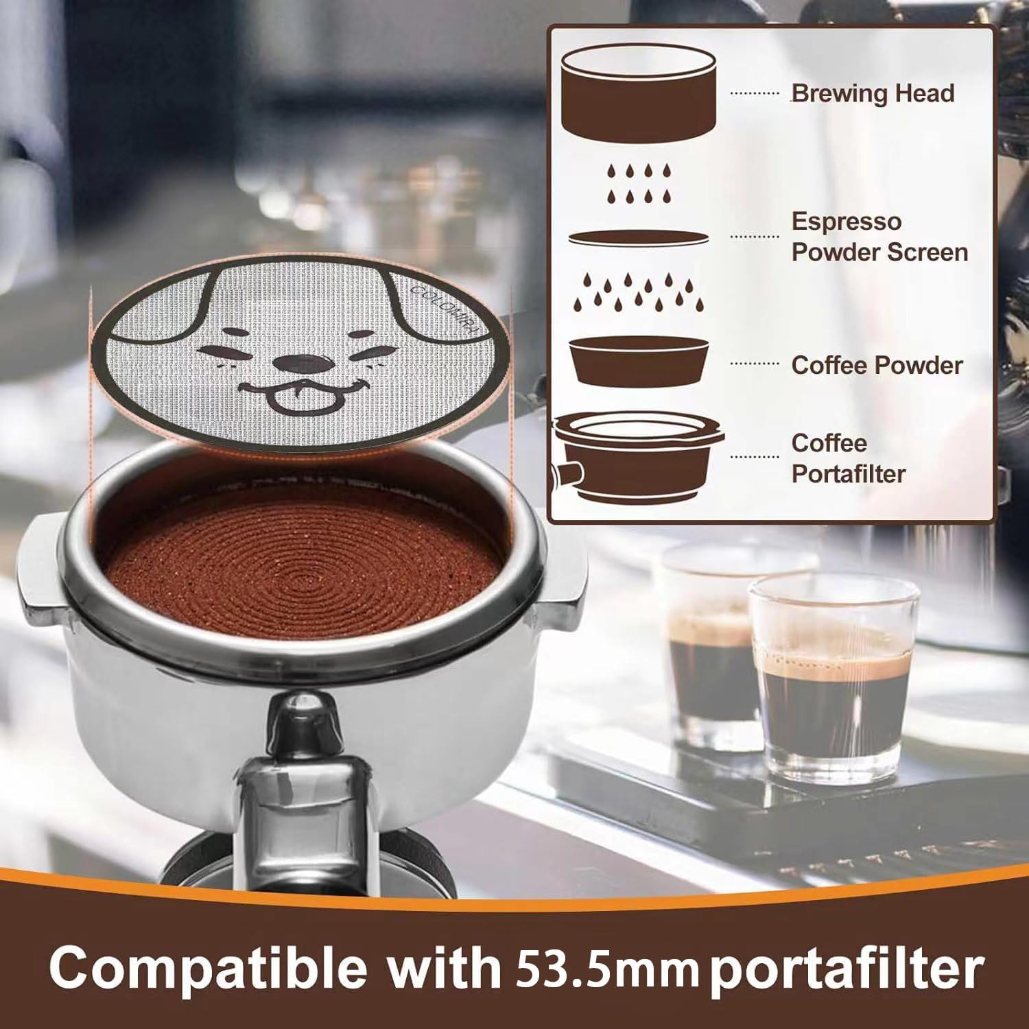 53.5mm Espresso Puck Screen, Lower Shower Screen, Metal Coffee Reusable Filter for 54mm Espresso Portafilter Basket, 1.7 Thickness(Doggie)