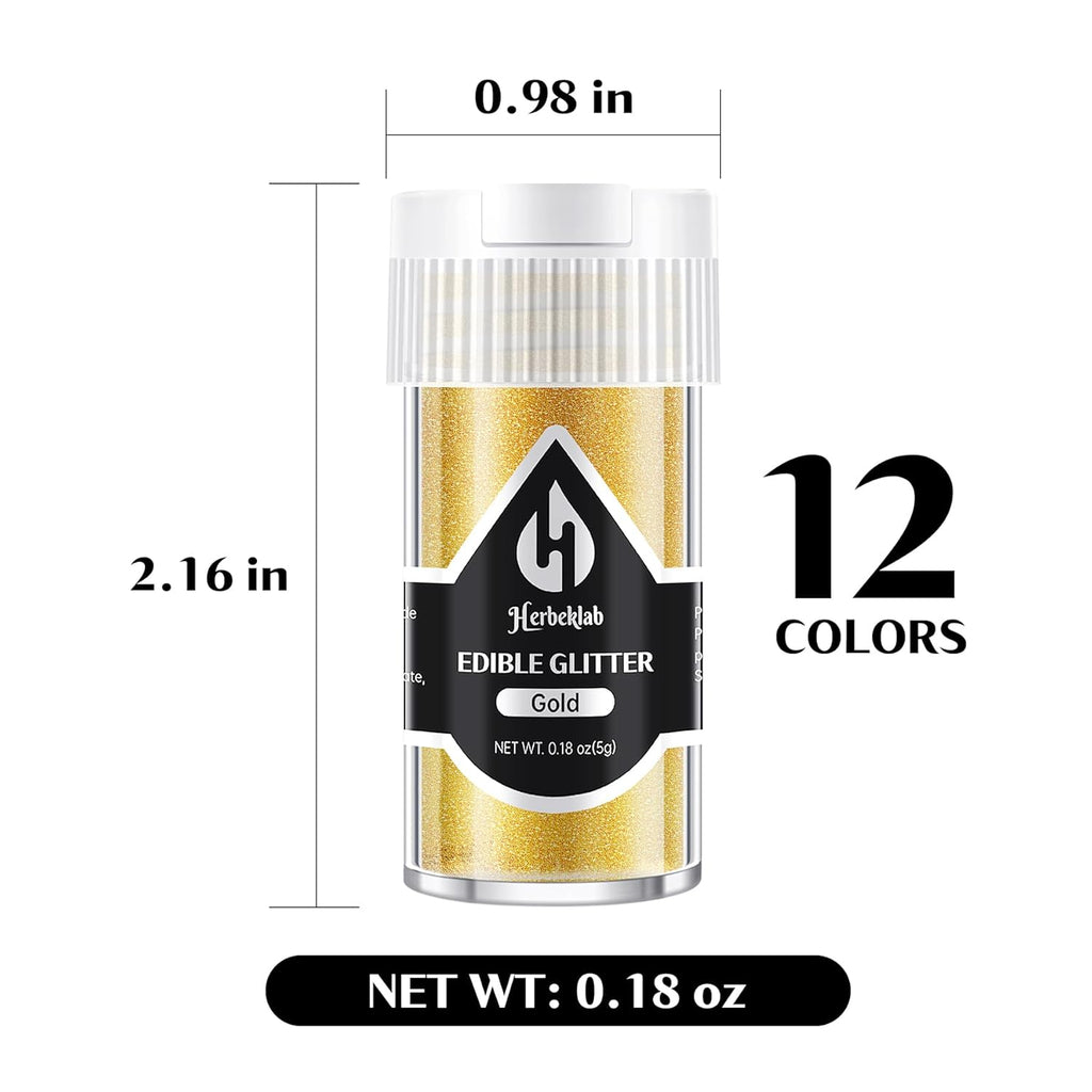 Edible Glitter for Cocktails - 12 Colors Herbeklab Luster Dust Edible Drink Glitter Food Grade Metallic Shimmer Powder Cake Sprinkles for Beverage Chocolate Candy, 5g/Bottle