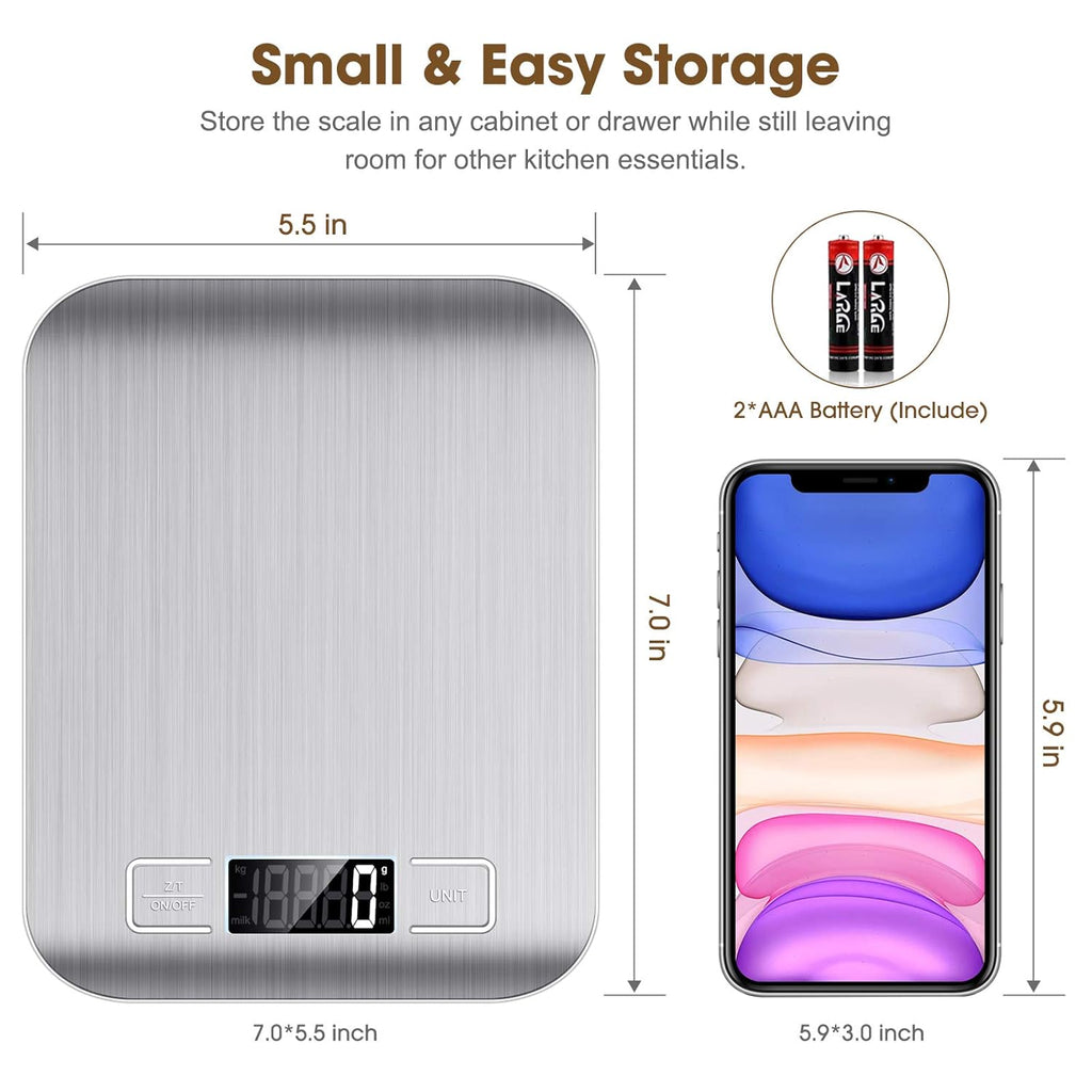 Mik-Nana Food Scale, 22lb Digital Kitchen Scale Weight Grams and Oz for Baking and Cooking, 1g/0.1oz Precise Graduation, Easy Clean Stainless Steel