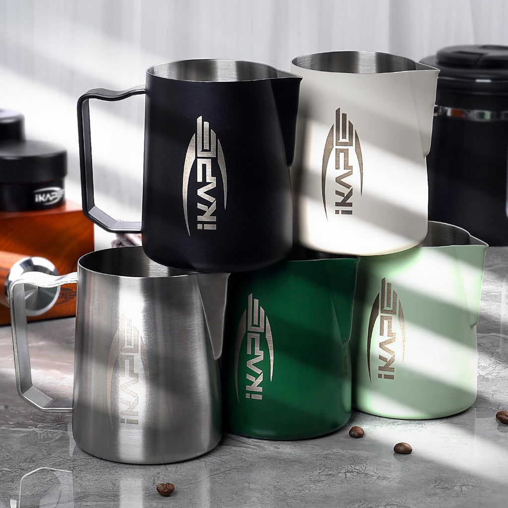 IKAPE Espresso Milk Pitcher, Espresso Steaming Pitcher with Sharp Spout for Espresso Barista Tool, 20.3 oz / 600ml Milk Frothing Jug (Silver)